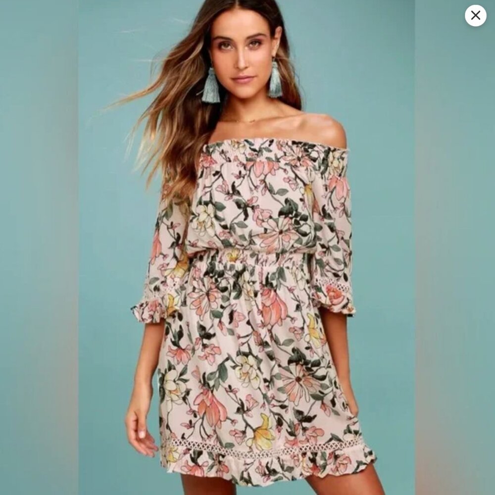 Lulus Blush Pink Floral Hello Darling Smocked Off The Shoulder Dress Size XS
